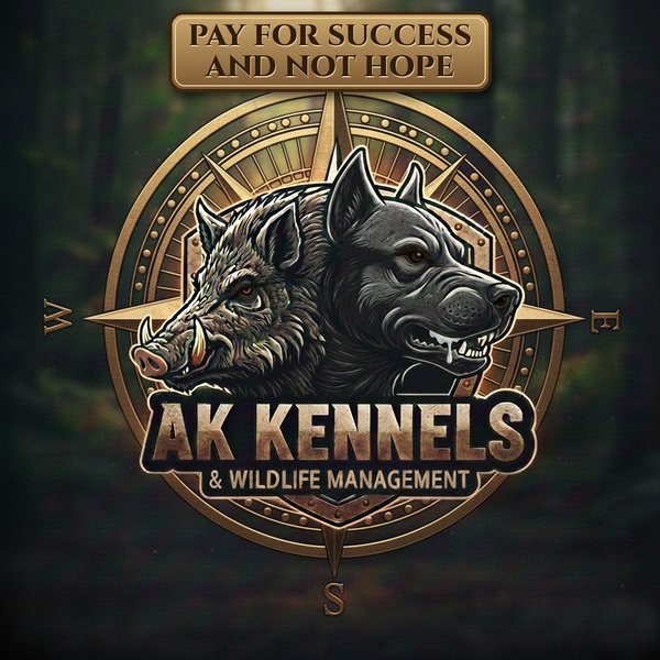AK Kennels & Wildlife Management logo: a wild hog and a dog on a bronze compass emblem under a plaque reading Pay for success and not hope